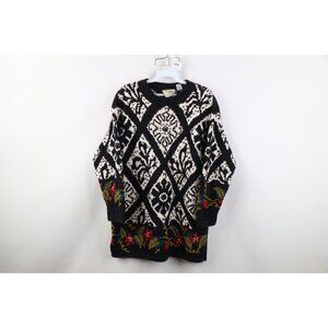 Vintage 90s Express Womens Large Heavyweight Hand Knit Flower Tunic Sweater